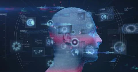 Image of spinning model of human head and data processing on interface Stock Illustration