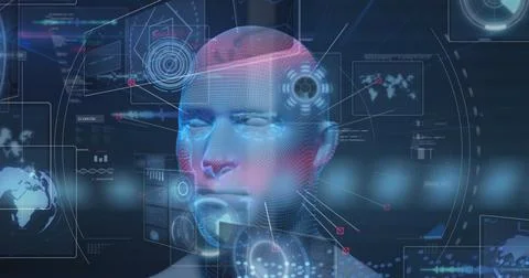 Image of spinning model of human head and data processing on interface Stockillustratie