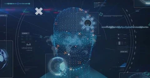 Image of spinning model of human head and data processing on interface Stock Illustration