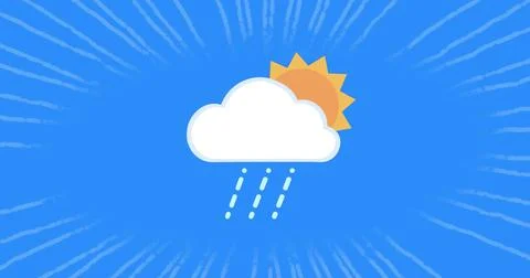 Image of spinning sun with cloud over white stripes on blue background Stock Illustration