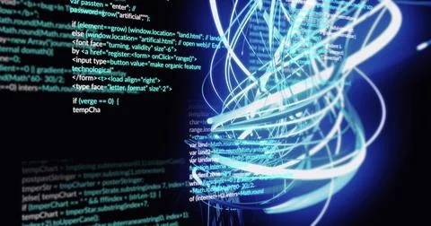 Image of spiral pattern and multicolored computer language over black background Stock Photos