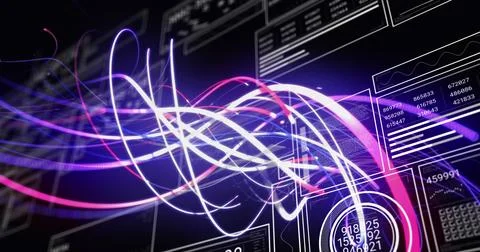 Image of spiral pattern, graphs, changing numbers, loading circles and bars on Stock Photos