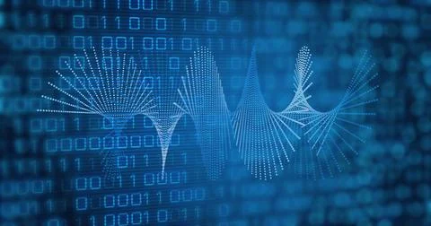 Image of spiral pattern moving over illuminated blue binary codes Stockfoto's