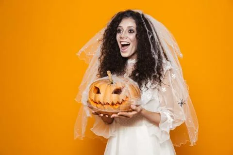 Image of spooky bride zombie on halloween wearing wedding dress and scary mak Stock Photos