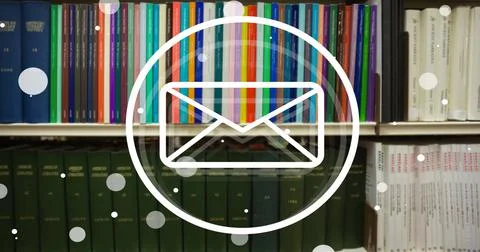 Image of spots and envelope icon over books on shelves in library Stock Photos