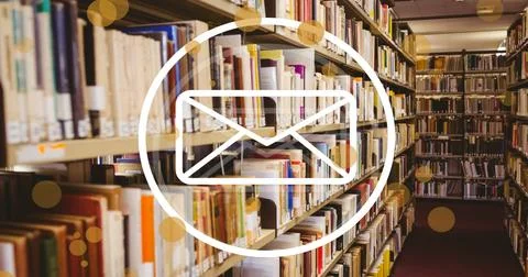 Image of spots and envelope icon over books on shelves in library Stock Photos