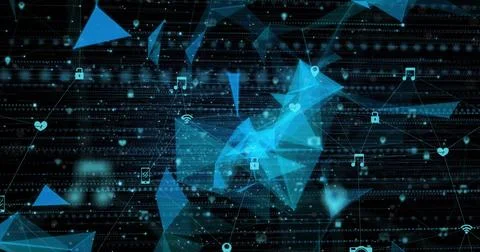 Image of spots and network of connections with icons over shapes Foto stock
