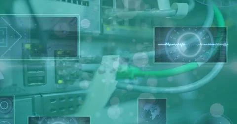 Image of spots of light and data processing against close up of computer server Stock Photos