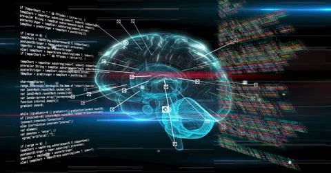 Image of spots over digital brain spinning and data processing Foto stock