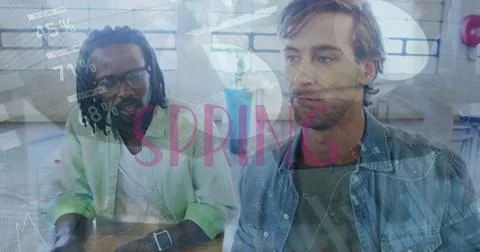 Image of spring text and data processing over diverse office colleagues Stock Photos