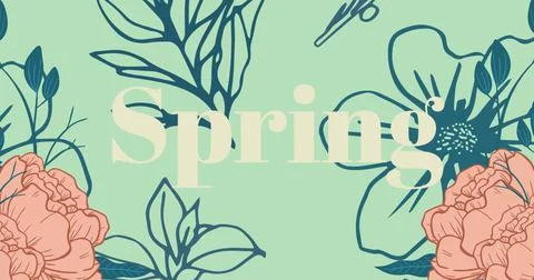 Image of spring text over floral decoration on green background Ilustração Stock