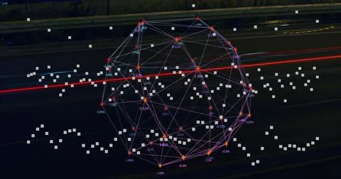 Image of squares and network of connections with icons over cars on street Ilustração Stock
