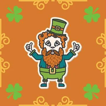 Image of st patrick's day leprechaun and green shamrocks on orange background Stock Illustration