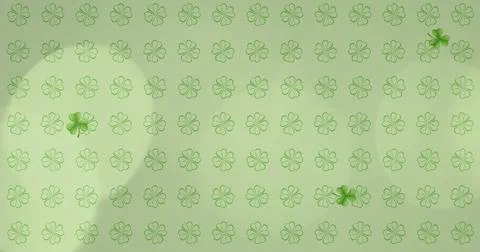 Image of St Patricks Day pattern of multiple rows of outlines of green shamrocks Stock Illustration