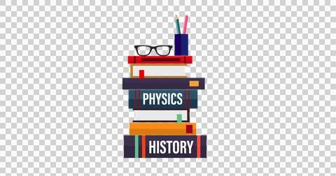 Image of stack of books, glasses and pencil container icons falling on black Stock Illustration