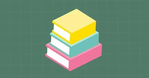 Image of stack of books icons floating over grid network on green background Foto stock