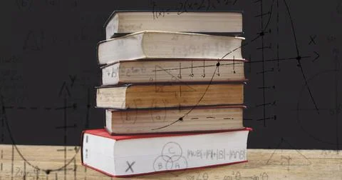 Image of stack of books over mathematical equations and formulae Illustrazione stock
