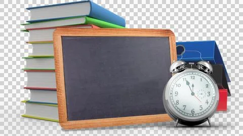 Image of a stack of schoolbooks and files, with a chalkboard and alarm clock Stock Illustration