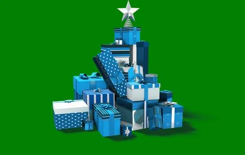 Image of a stack of wrapped christmas gifts in blue, white and silver boxes, Stock Illustration