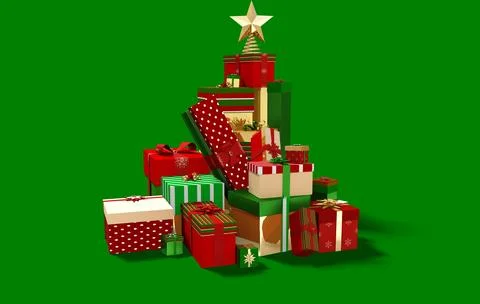 Image of a stack of wrapped christmas gifts in red, green and gold boxes, with 스톡 일러스트