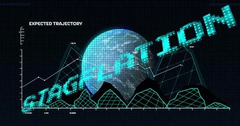 Image of stagflation text in blue over globe and graph processing data Stock Illustration