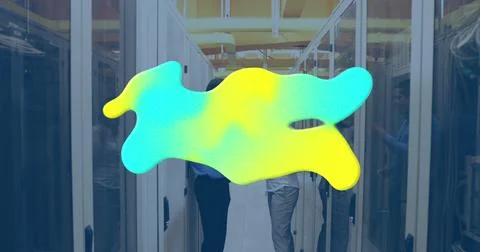 Image of stains over biracial workers talking in server room 스톡 일러스트