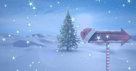 Image of star icons falling over arrow signboard and christmas tree on winter Ilustración de archivo