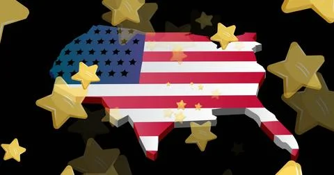 Image of stars falling over map with flag of united states of america pattern 스톡 사진