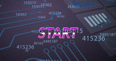 Image of start text and data processing on gray background Illustrazione stock