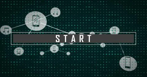 Image of start text and network of connections on black background Stock Photos