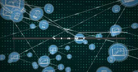 Image of start text banner and network of digital icons against dots pattern on Stock Illustration