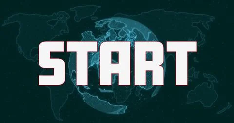 Image of start text banner over spinning globe and world map against green Ilustração Stock