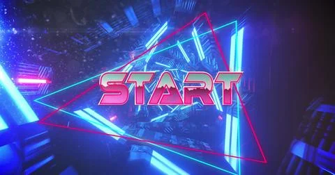 Image of start text banner over neon blue tunnel in seamless pattern against イラスト素材