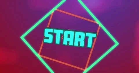 Image of start text in blue with spinning squares on blurred red and purple Stock Illustration