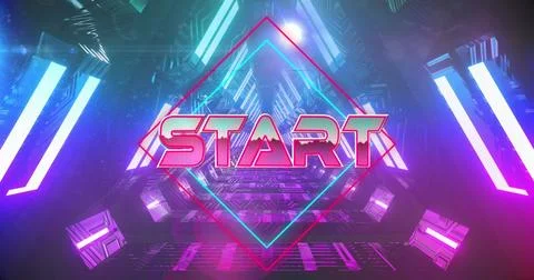 Image of start text on geometric shapes over looping triangular tunnel in 写真素材
