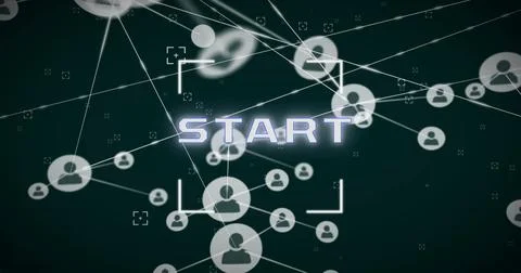 Image of start text, network of connections with icons and data processing 스톡 사진