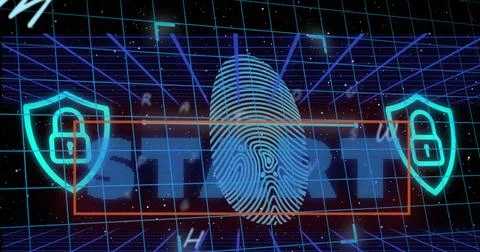Image of start text over fingerprint and letters on black background Stock Illustration