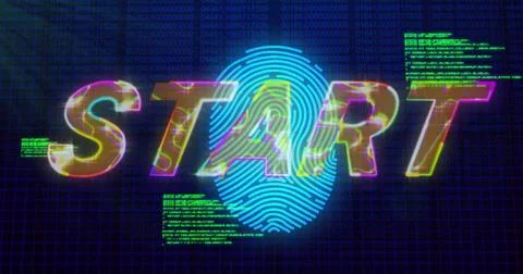 Image of start text over fingerprint and data processing on black background Stock Photos