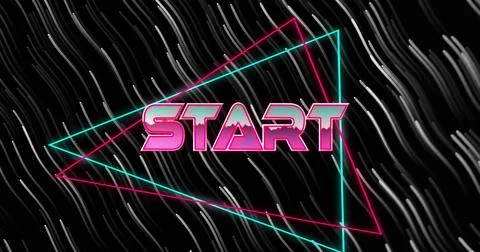 Image of start text over neon banner against wavy lines in seamless pattern on Stock Photos