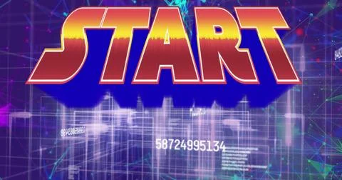 Image of start text over network of connections and data processing Illustrazione stock