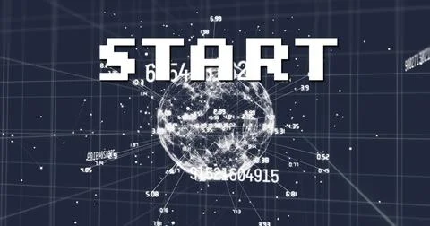 Image of start text over network of connections and data processing on grid 스톡 일러스트