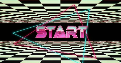 Image of start text in pink metallic letters over black and white squares moving Stock Illustration