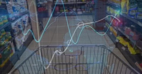 Image of statical data processing over world map against empty shopping cart at Stockfoto's
