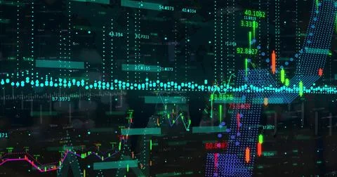 Image of statistic charts and data processing on black background Stock Illustration