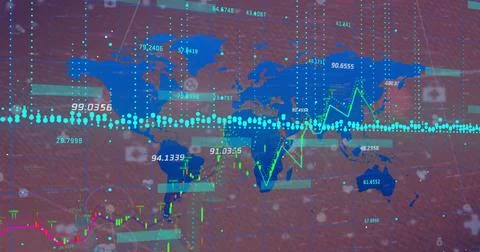 Image of statistic charts and data processing over continents on pink background Stockillustratie