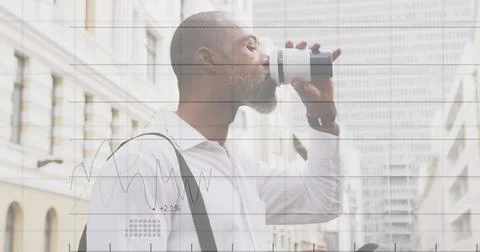 Image of statistic processing over african american man having coffee, using Stock Illustration