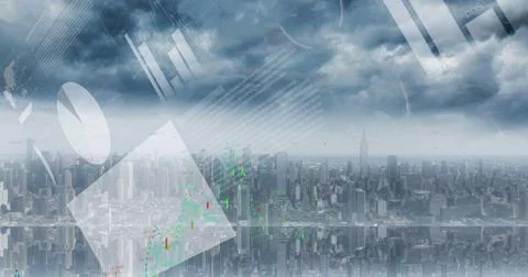 Image of statistical and financial data processing against aerial view of Illustrazione stock