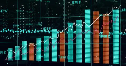 Image of statistical and financial data processing against black background Stock Illustration