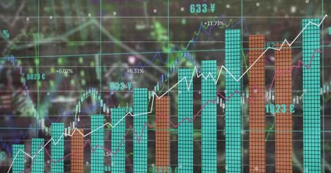 Image of statistical and financial data processing against grey background Foto stock