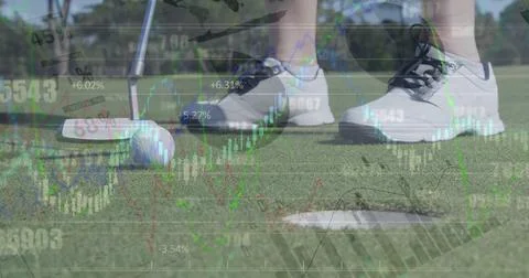 Image of statistical and financial data processing over mid section of a man Stock Photos